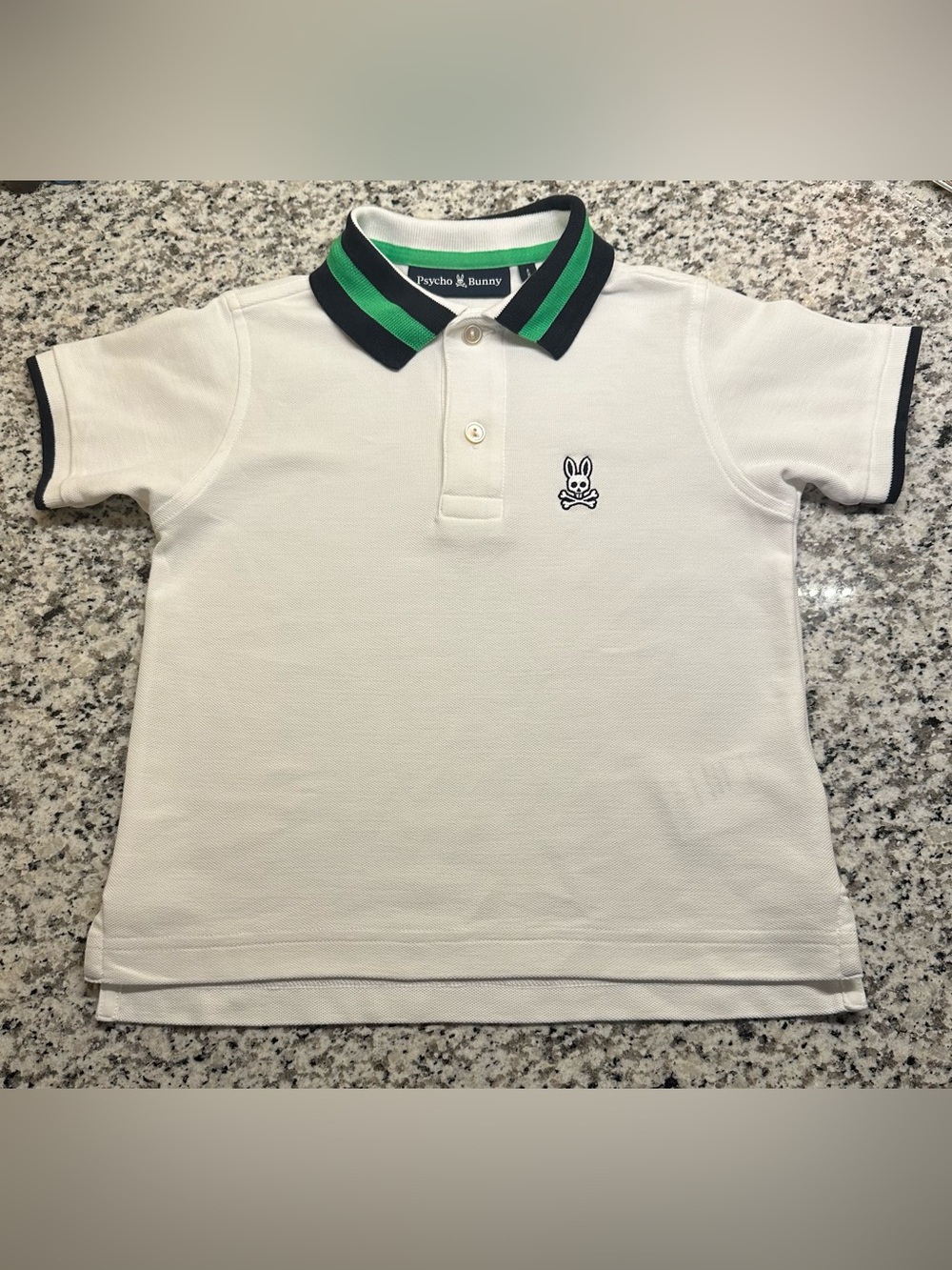 Psycho Bunny White Polo with Green & Navy Trim